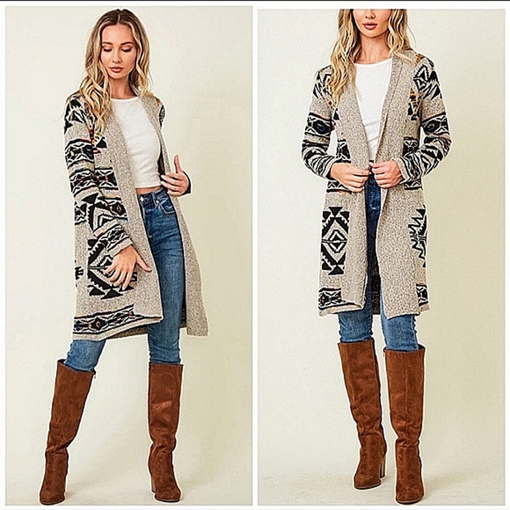 Anthropologie Beige and Black Geometric Cardigan